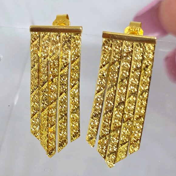 Vintage 14k Herringbone Chain Floral Pattern Chevron Dangle Italy Earrings - Picture 5 of 15